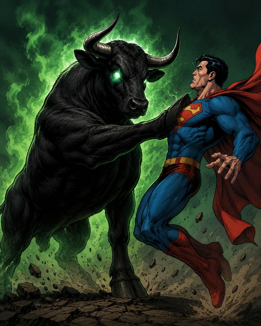 Ansem the Black Bull grabbing Superman, green energy blazing