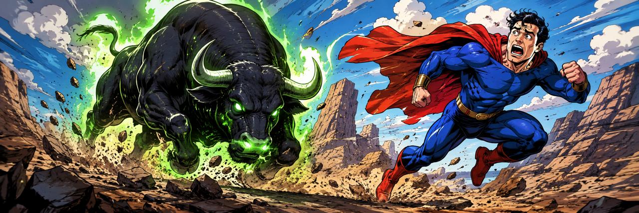 Ansem the Black Bull charging at Superman across the desert
