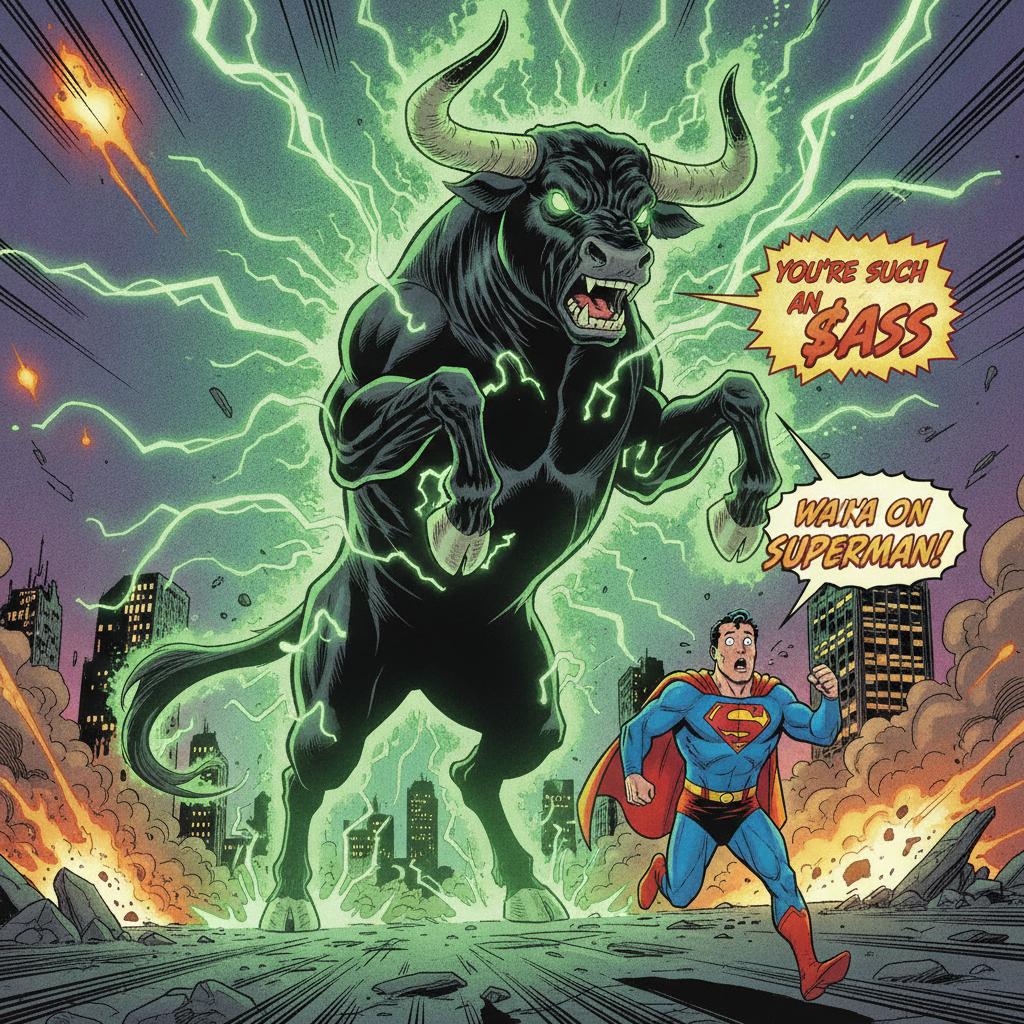 The Black Bull rearing in green flame