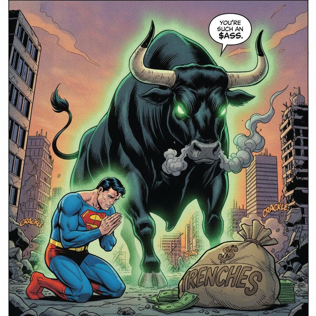 Superman on his knees before the Black Bull, trenches money bag spilled